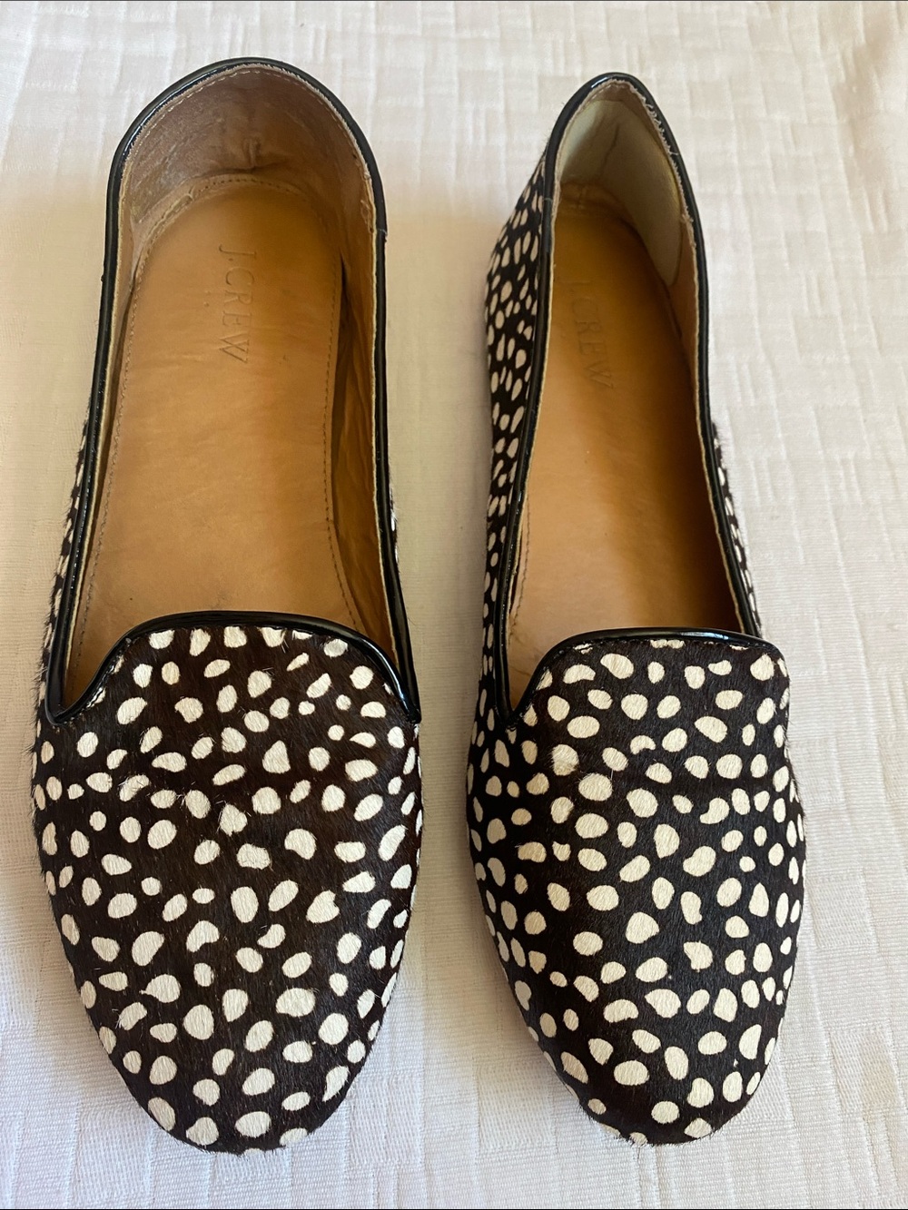 J. CREW Brawn and White Spotted Haircalf Loafers